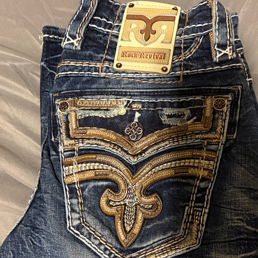 Rock Revival Dark Blue Jeans with Gold Stitching